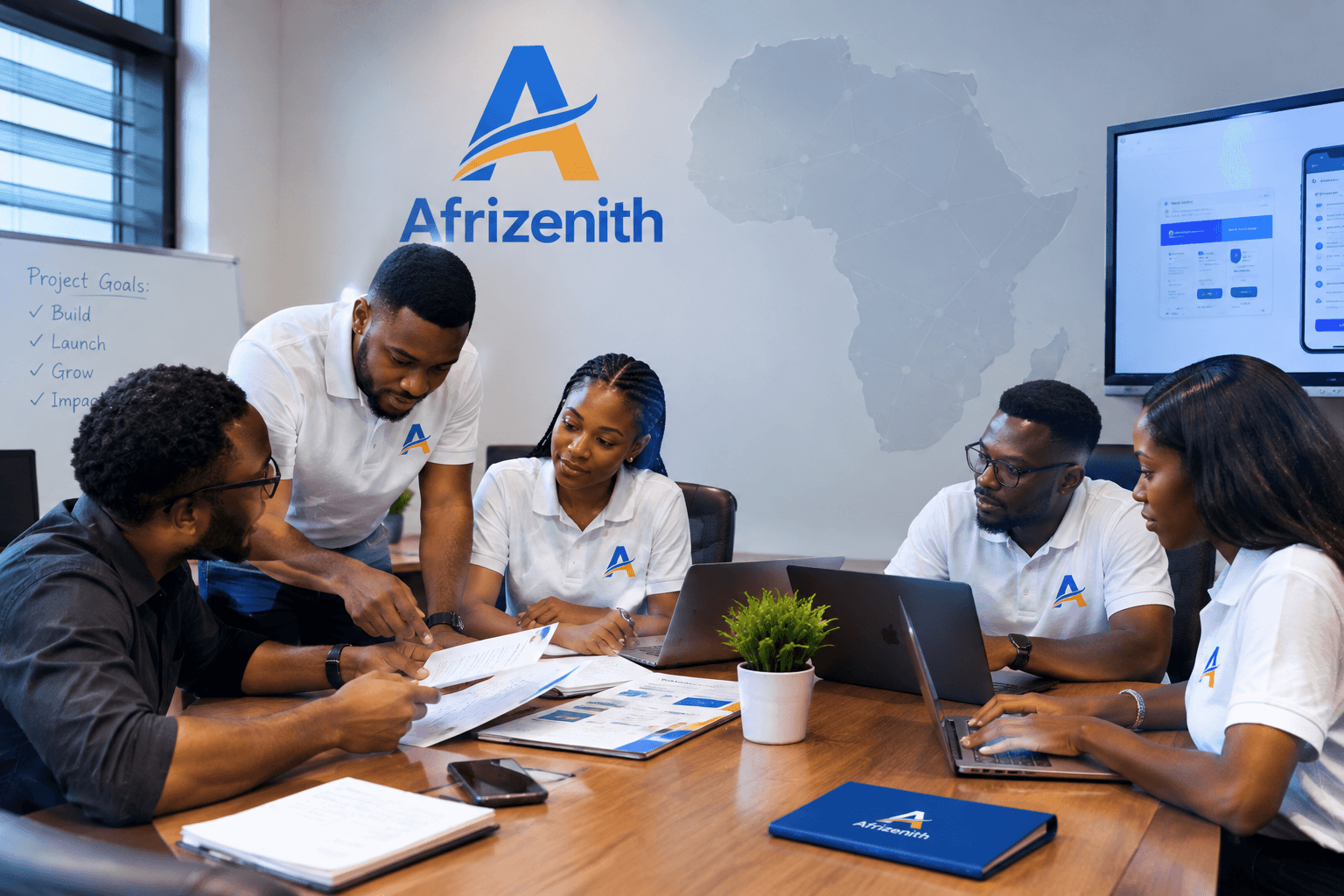 A team reviewing work on a laptop, with a connected map of Africa behind them