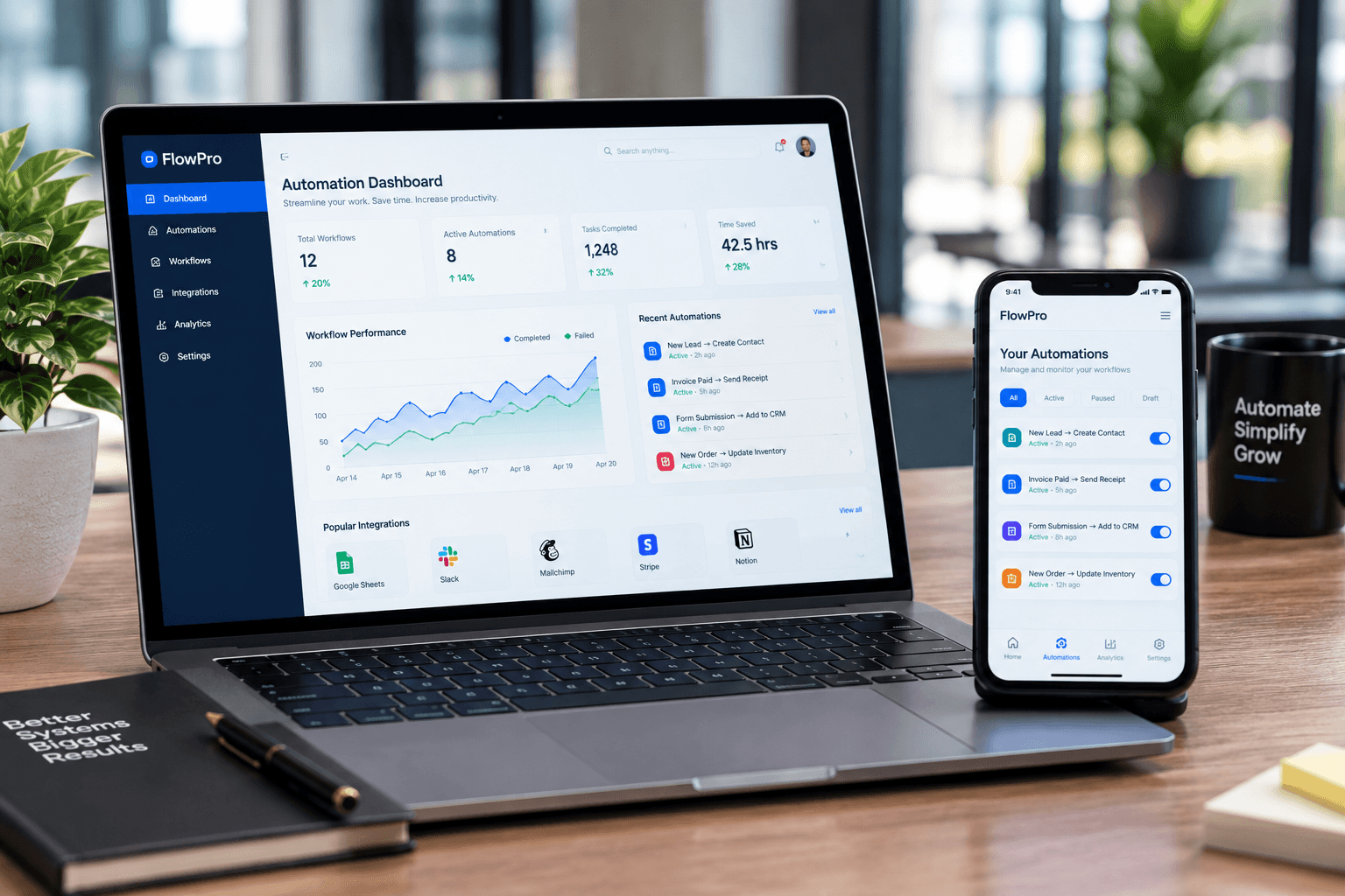 An analytics dashboard and automation workflow on a laptop and phone