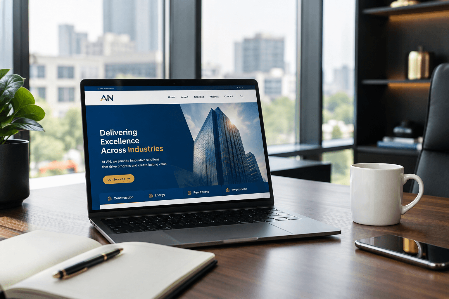 A corporate website homepage shown on a laptop