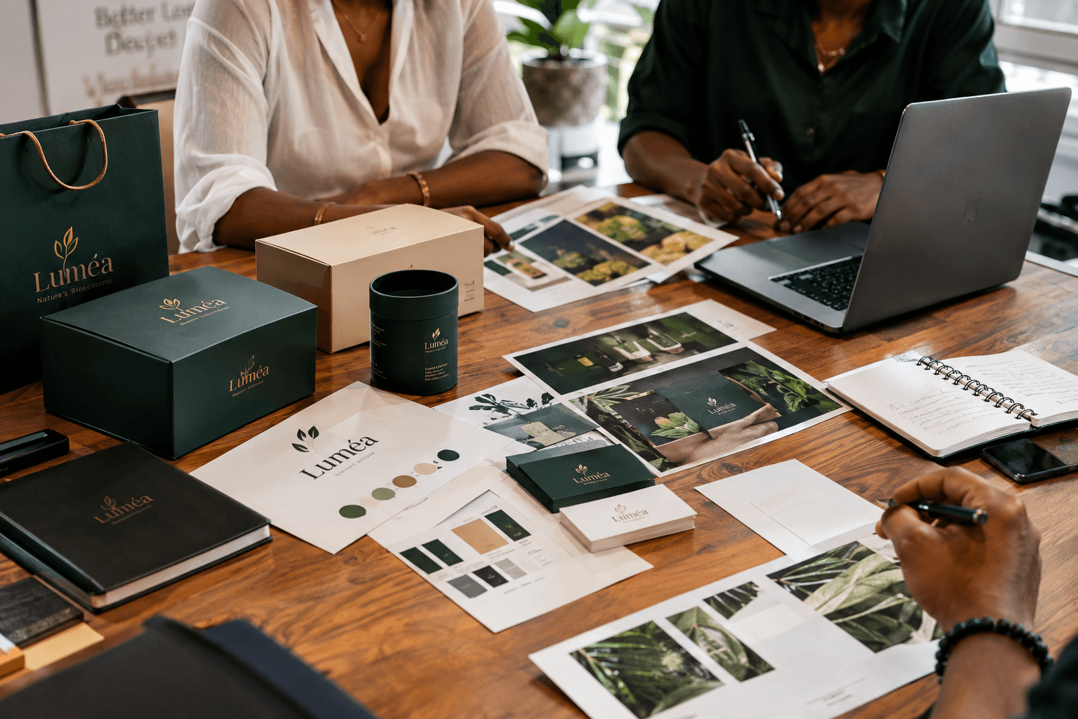 Branded stationery, packaging and business cards on a desk