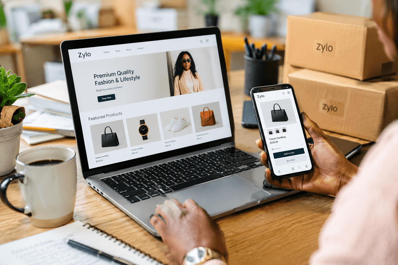 An online storefront shown on a laptop and a phone